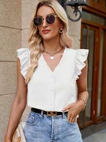 Camisa de mujer con cuello en V a rayas y mangas con volantes, camisas de verano para mujeres - Blanco - Ver 7