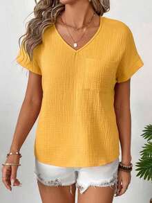 Blusa de mujer de algodón con doble capa y cuello en V de manga corta - Amarillo - Ver 4