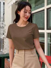 Camiseta De Manga Corta Con Cuello Redondo Y Color Sólido - Café integral - Ver 4