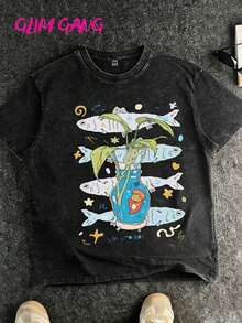 Camiseta Vintage Studio Ponyo, Gráfico Retro de Anime con Pez Dorado y Planta en Jarrón, Camiseta de Algodón Suave para Fans de Hayao Miyazaki y Salidas Casuales. Camiseta 100% Algodón Lavado Vintage de 230 g/m², Estilo Urbano de Verano, Camiseta Estampada Casual, Ideal para Salidas Diarias y Regalos de Vacaciones. - Negro - Ver 6