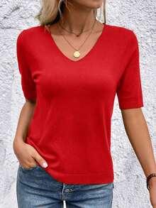 Blusa de punto de manga corta regular con cuello en V casual y versátil - Rojo - Ver 3