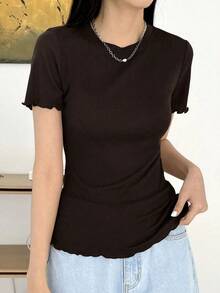 Blusa de punto acanalado con ribete de lechuga, estilo preppy de verano - Café integral - Ver 3