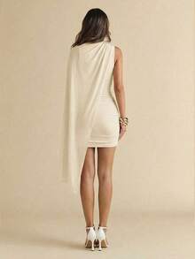 Vestido mini elegante con pliegues sin mangas de unicolor, adecuado para citas románticas, fiestas, reuniones formales, vestidos de dama de honor, vestidos de verano, vestidos de fiesta de té, Año Nuevo, Día de San Valentín, vestidos de cumpleaños, vestidos rosas, vestidos casuales, vestidos de verano - Albaricoque - Ver 8