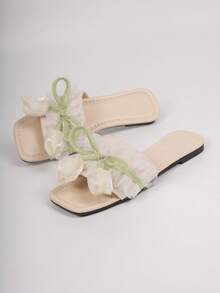 New Mesh Floral Trim Flat Slide Sandals, Gentle Style Open Toe Strap Slippers, Versatile Fairy Wear - Beige - View 7