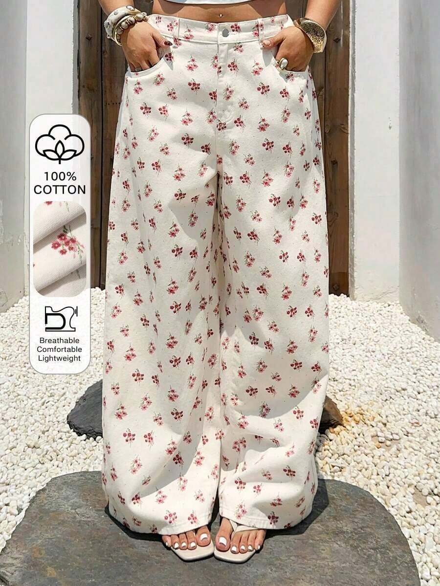 Plus Jeans de pierna recta con estampado floral para mujer de talla grande, de verano - Blanco - Ver 1