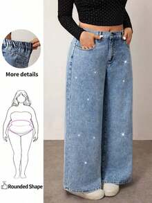 Enliva Pantalones holgados con diamantes lavados y aplicaciones, estilo veraniego, fluidos, Y2K, streetwear, para graduación, aeropuerto, estilo old money, talla grande - Lavado ligero - Ver 1