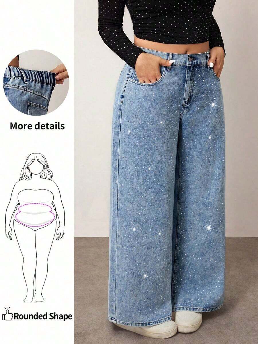 Enliva Pantalones holgados con diamantes lavados y aplicaciones, estilo veraniego, fluidos, Y2K, streetwear, para graduación, aeropuerto, estilo old money, talla grande - Lavado ligero - Ver 1