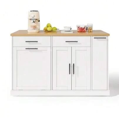 Kitchen Island On Wheels With Fold-Down Worktop, Serving Cart With Bin, 4-Tier Spice Rack, 2 Drawers And Lockable Casters, 120 * 45 (70) * 93 Cm