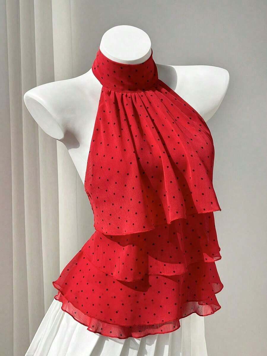 Blusa con cuello de volantes y estampado de lunares para mujer - Blanco - Ver 1