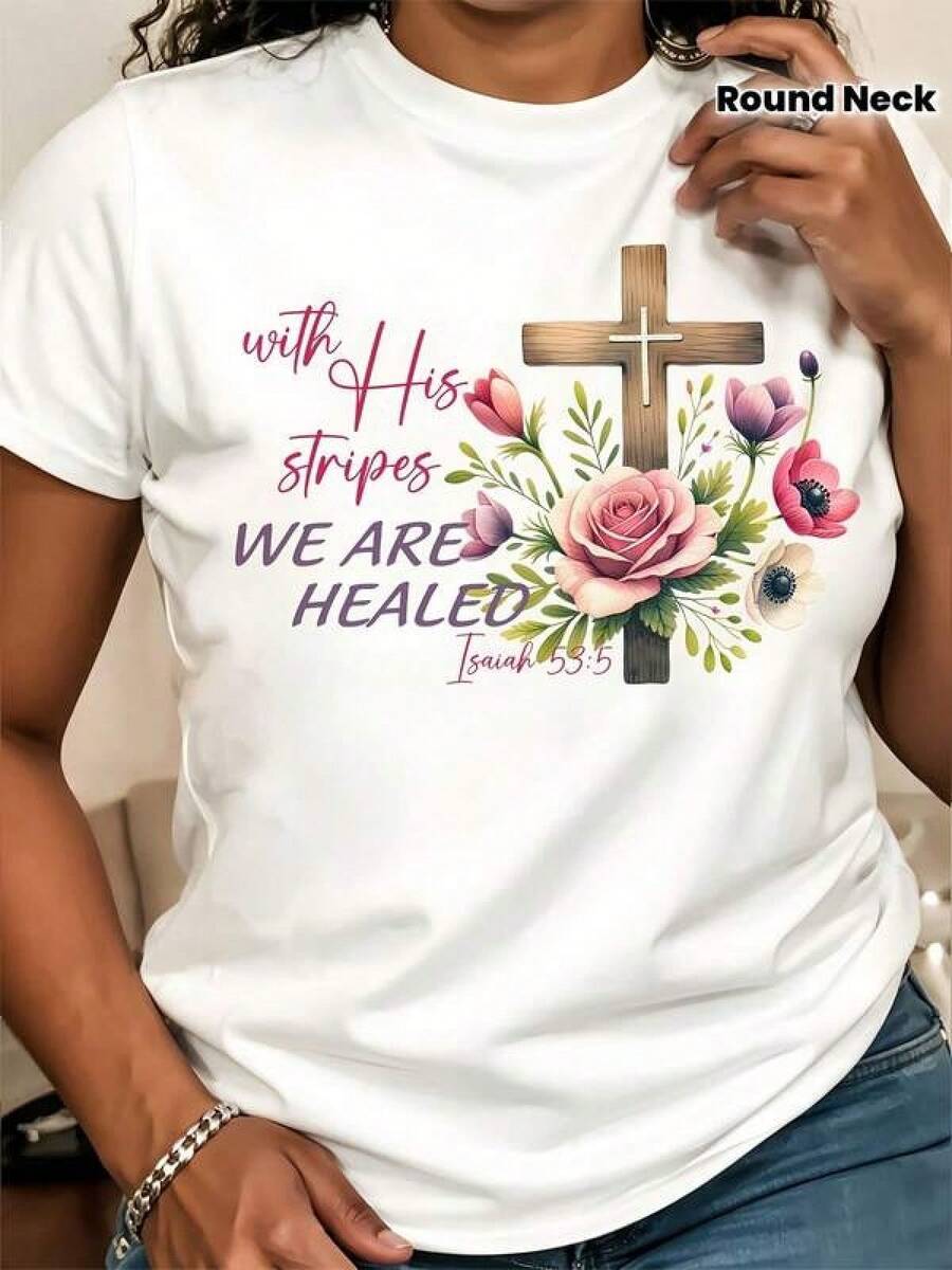 Camiseta de moda1pc Women' S Cross Flower Print White TShirt, Crew Neck, Casual Cotton Tee Medium Stretch Knit Fabric, Regular Fit For Female Ladies For Spring/Summer/Fall,Camisetas conmemorativas, productos de anime japonés, conjuntos para padres e hijos, artículos para el Día de San Valentín, camisetas gráficas para hombre, camisetas gráficas para mujer, camisas - Blanco - Ver 1