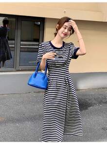 Women's Polka Dot Dress, Short Sleeve, Long Length, Suitable For Commuting, Office Casual, Cute And Stylish, Figure-Flattering, Elegant, Retro, Spring/Summer. - Blue and White - View 8