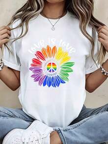 Camiseta Love Is Love con estampado de flor arcoíris y símbolo de paz, ropa casual deportiva para mujeres y niñas - Estilo vintage urbano, unisex, de algodón, manga corta, cuello redondo, 100% algodón. - Blanco - Ver 7