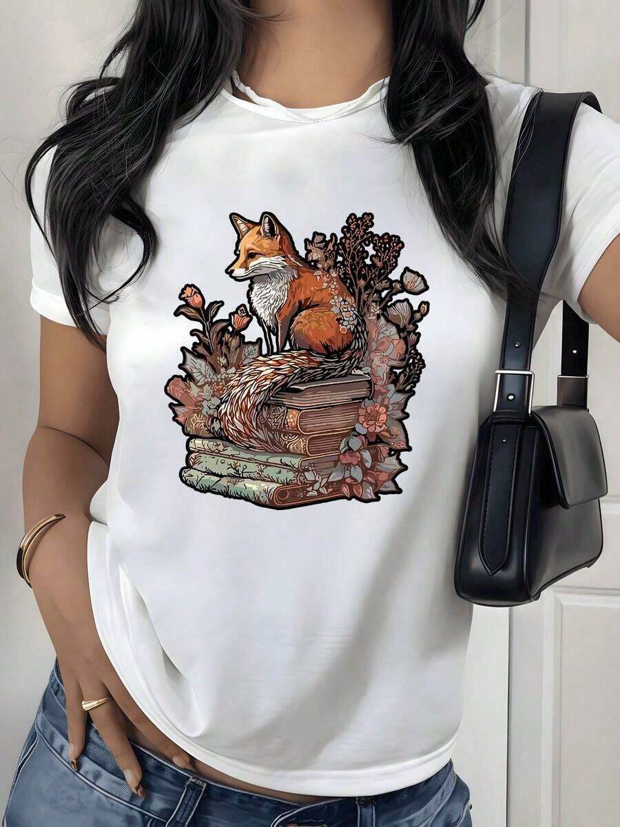 Fox Books Floral Print T-Shirt, 180g, 1 Piece, Nature Inspired, Women's Casual T-Shirt, 100% Cotton, Vintage Artistic Style - 白色 - 查看 1