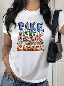 Camiseta con Estampado Gráfico de Frases Motivacionales, 180g, 1 Pieza, Lema Inspirador, Camiseta Casual de Mujer 100% Algodón, Estilo Streetwear - Blanco - Ver 9