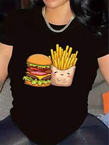 Camiseta con diseño de hamburguesa y patatas fritas |   Duradera y ligera, ajuste cómodo para uso diario, top de estilo casual para hombres y mujeres, material de tela suave, cuello redondo, patrón estampado, para restaurante o uso doméstico - Negro - Ver 6