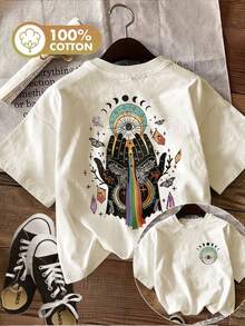 [Double-Sided Printing] Women's Summer T-Shirt, Mysterious Style, Palm, Crystal And Butterfly Print, Pure Cotton, Casual Daily Wear, Round Neck, Short Sleeve T-Shirt, Comfortable And Soft, Cotton T-Shirt For Daily Wear. - 杏色 - 查看 12