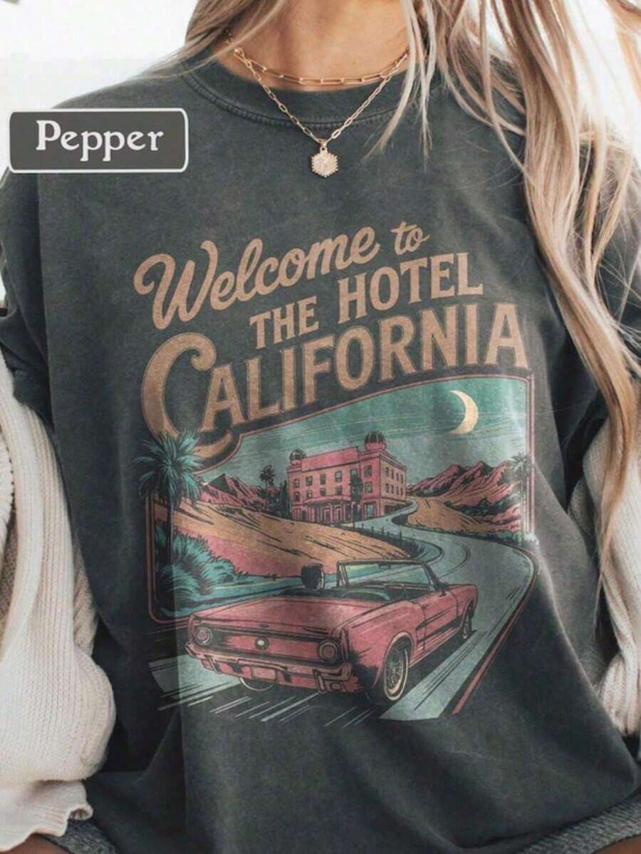Retro 70s T-Shirt, Rock Style, Vintage, With California Graphics, Classic Rock - 黑色 - 查看 1
