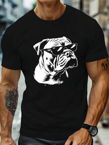 Playera con estampado gráfico de bulldog con lentes de sol, fresca y cómoda, ideal para hombres de tallas grandes y altos, perfecta para el verano - Negro - Ver 6