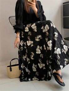 Falda de línea A con estampado floral para mujer, de moda, elegante, holgada, versátil y encantadora para vacaciones - Negro - Ver 1