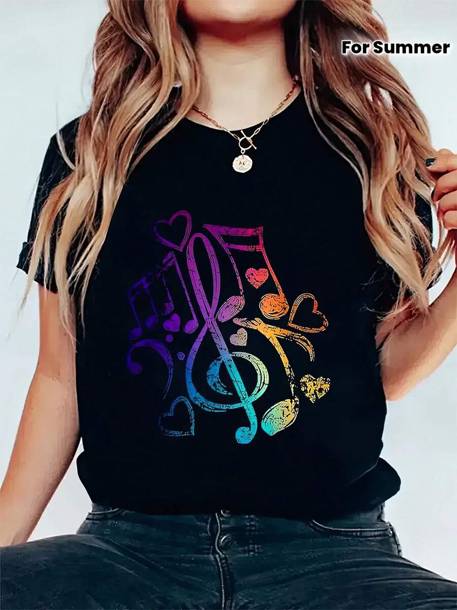 Camiseta de Mujer con Estampado Gráfico - Manga Corta, Cuello Redondo, Estilo Casual con Diseño Musical Vibrante, Perfecta para Verano y Primavera, Diseño de Notas Musicales Coloridas y Teclas de Piano, Tela Ligera y Transpirable, Camisetas de Mujer, Camiseta de Algodón para Familia Coordinada - Negro - Ver 1