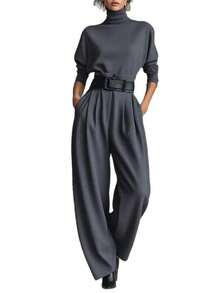 Conjunto de 2 piezas nuevo para mujer, más vendido, top de cuello alto y manga larga, pantalón de tiro alto y pierna ancha, incluye cinturón, diseño favorecedor, elegante, perfecto para looks de día, oficina, citas y uso diario - Gris (con cinturón) - Ver 3