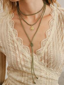 Nocturel 1pc Stainless Steel Sun Pendant Necklace, With Cord, Minimalist & Fashionable Accessory, Layered - Green - View 3