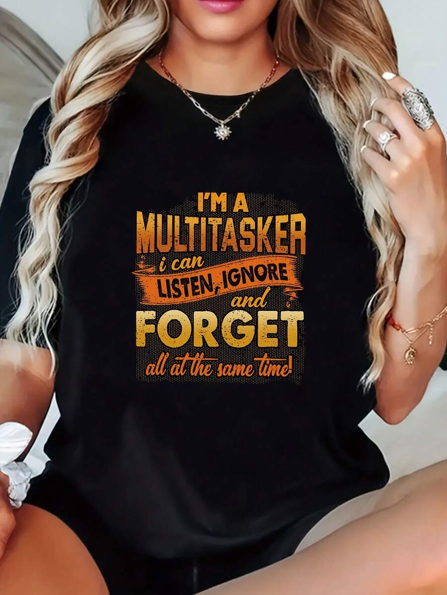 Plus Size Women's Clothing With A Round Neck, A Fun Women's T-Shirt With The Slogan "I'm A Multitasker" - Top With A Bold Orange Text Print And Humorous Design, White Short-Sleeved Round Neck T-Shirt, Machine Washable, Lightweight And Casual, Suitable For Everyday Wear And Themed Events In Spring And Summer. Casual Women's Blouses - 黑色 - 查看 1
