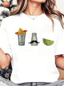 Camiseta de Cuello Redondo para Mujer con Estampado de Sombrero Mexicano, Vaso de Chupito, Salero y Bigote, Estilo Fiesta, Casual, Verano, Vacaciones, 220g, Playera Holgada para Mujer - Blanco - Ver 7
