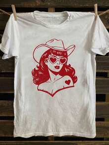 Camiseta Vaquera Vintage] 2079 - Camiseta Vintage de Vaquera Americana, Manga Corta Cuello Redondo, Blusa Casual para Mujer Z5181 - Blanco - Ver 9