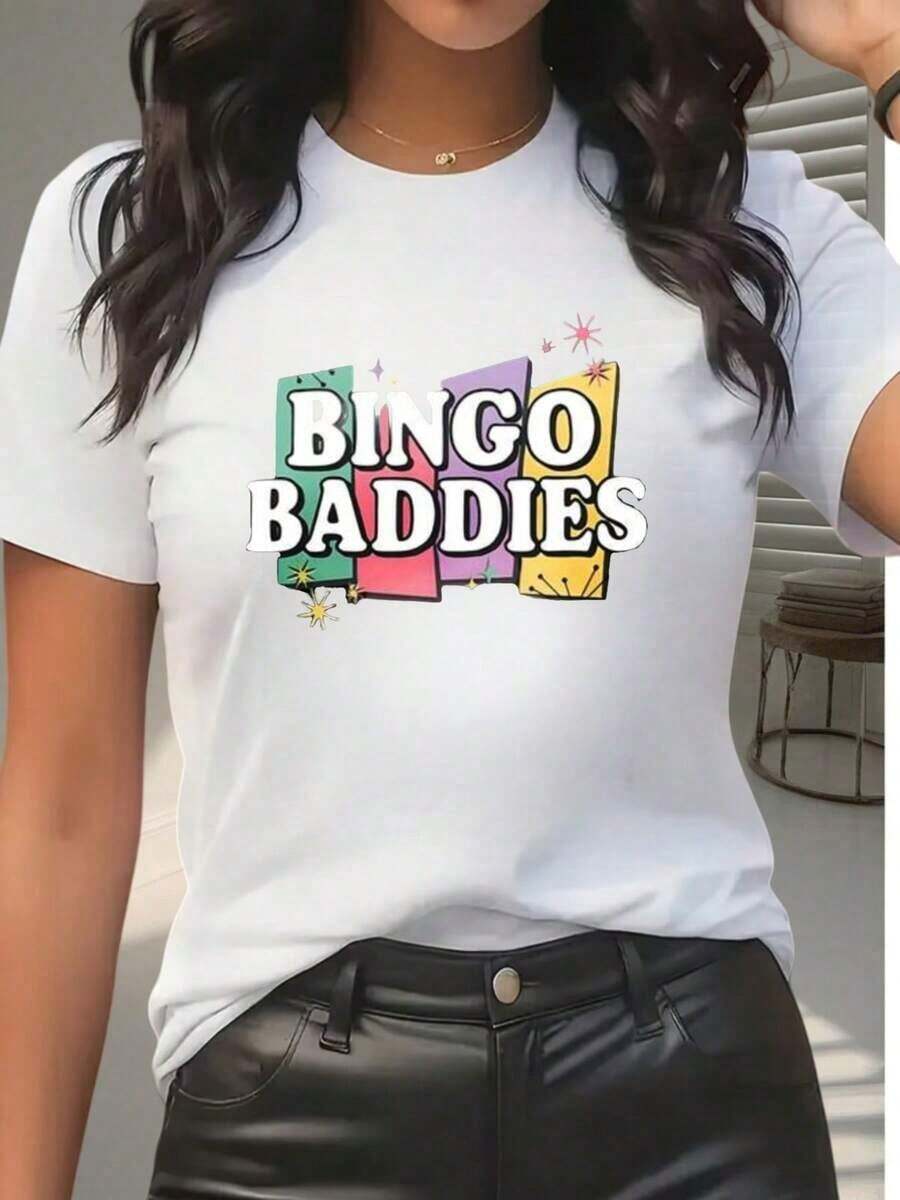 Camiseta de Estilo Casual para Mujer con Estampado Gráfico Bingo Baddies, Atuendo de Verano, Regalo para Amigas, 220g, Blusa Casual Mujer - Blanco - Ver 1