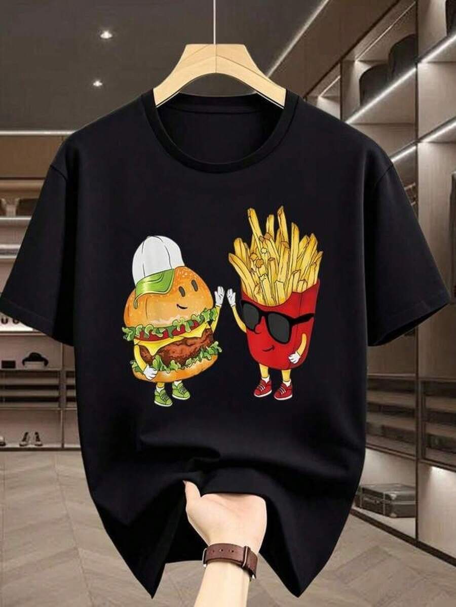 Camiseta informal holgadaMen's Fun Anthropomorphic Cartoon Hamburger & Fries Graphic Short Sleeve T‑Shirt, Creative Casual Summer Top,Camiseta estampada de verano, cuello redondo, informal y versátil, ideal para el día a día, viajes o vacaciones, apta para niños, niñas y adolescentes, diseño unisex. - Negro - Ver 1