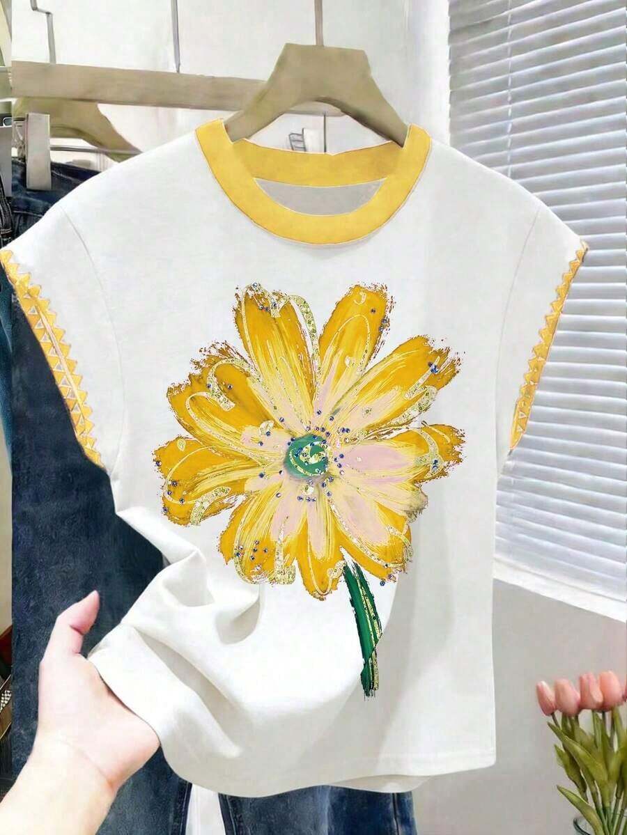 Camiseta de mujer de cuello redondo con ribete de contraste y decoración floral 3D, de uso versátil y casual para uso diario - Multicolor - Ver 1