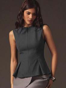 Blusa estructurada sin mangas con cremallera frontal y volante, para uso casual en la oficina - Gris - Ver 1