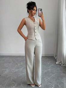 Traje de oficina elegante y estiloso para mujer con chaleco sin mangas de cuello en V con diseño de lazo en la cintura y pantalón recto de unicolor - Albaricoque - Ver 3