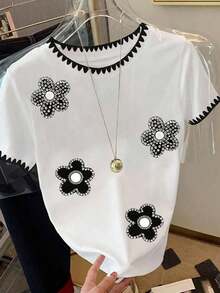 Camiseta de manga corta de cuello redondo casual con estampado de rayas y bloques de color para mujer, verano - Blanco - Ver 3