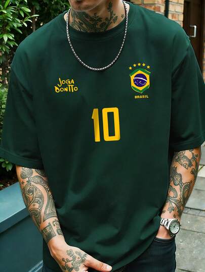 Men's Graphic T-Shirt, Retro Brazil Football Jersey - Legendary Number 10, Casual Football Fan Outfit, Football Shirt, 100% Polyester Breathable Knit Fabric, Regular Fit Round Neck Design