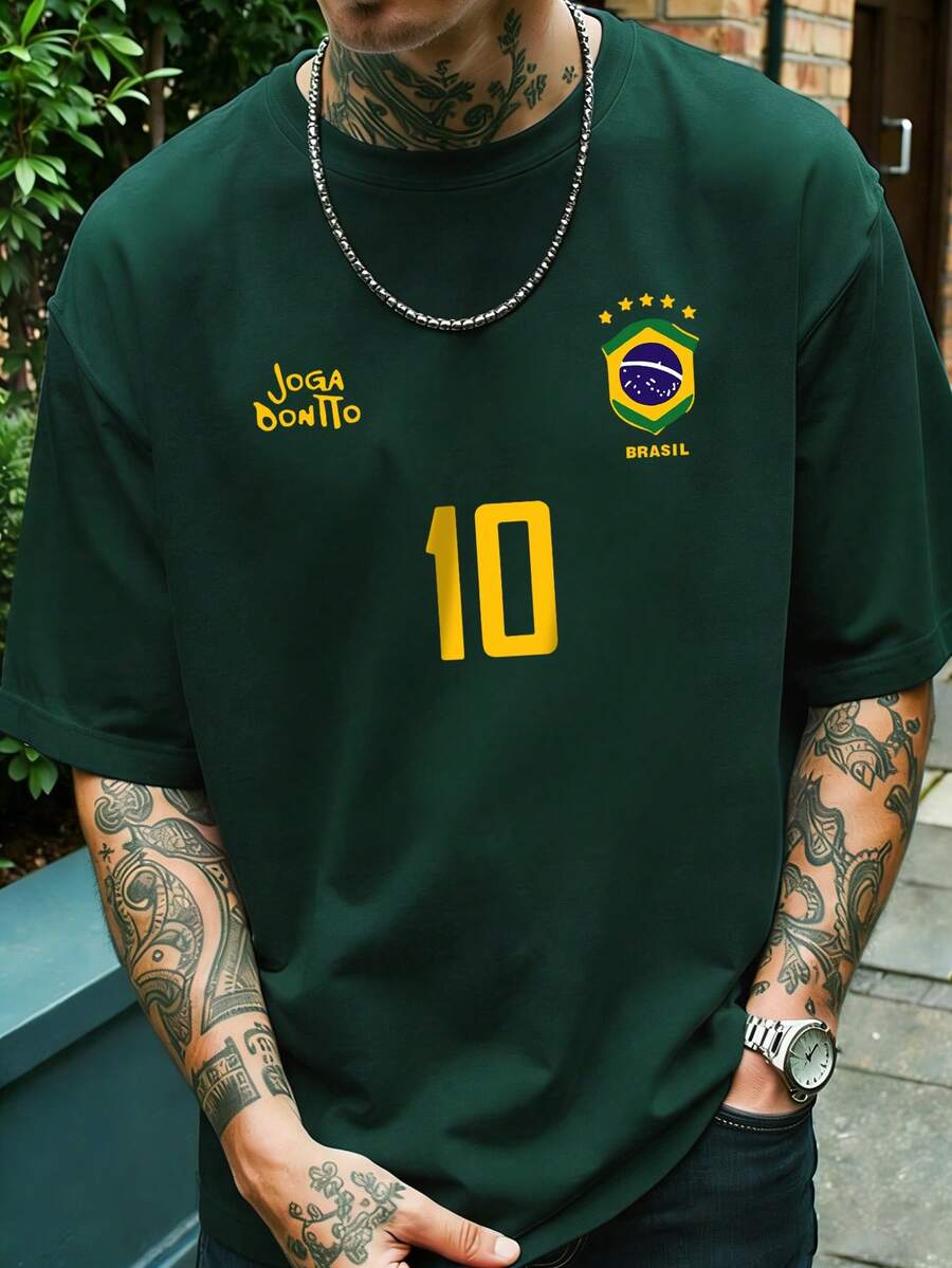 Áo thun nam in hình, áo bóng đá Brazil cổ điển - Số 10 huyền thoại, áo bóng đá thường ngày, chất liệu vải dệt thoáng khí, kiểu dáng vừa vặn, cổ tròn.