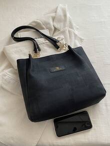 2026 New Large Capacity Tote Bag For Women, Casual Versatile Handbag, Korean Fashion Plaid Shoulder Commuter Bag - Black - View 6