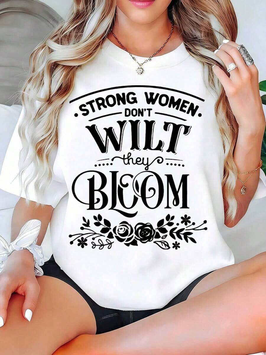 Camiseta estampada para mujer, "Las mujeres fuertes no se marchitan, florecen", manga corta, cuello redondo, top casual para uso diario y regalo para ella. Ropa de talla grande para mujer, blusas estampadas para mujer. - Blanco - Ver 1