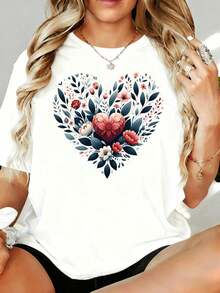 Nueva Llegada 2026: Camiseta de Mujer con Estampado Floral de Corazones, Corte Holgado, Estilo Casual de Verano, Talla Grande, Blanca, con Diseño Gráfico, para Ocio en Casa o al Aire Libre, Regalo para el Día de San Valentín o Fiestas. Tela Suave, Transpirable, 100% Algodón, para Uso Diario, Camiseta de Mujer con Estampado Gráfico. - Negro - Ver 3