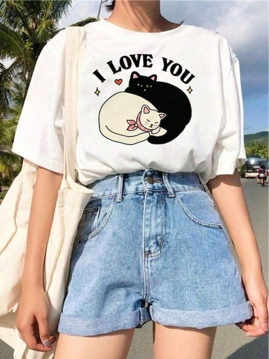 Camiseta con estampado "I Love You", Camiseta de gatos, Camiseta Cottagecore "Gatos Enamorados", Camiseta de San Valentín, Camiseta con estampado de aniversario - Estilo vintage urbano, unisex, de algodón, manga corta, cuello redondo, holgada, blusas para mujer. blusas.blusas casuales para dama. - Blanco - Ver 1