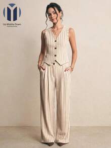 Set de Chaleco de Vestir y Pantalón Formal para Mujer: Diseño de Rayas Verticales - Ideal para Oficina y Eventos - Beis - Ver 5