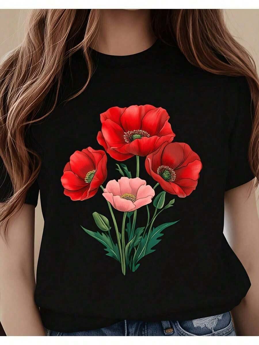 blusas Camiseta de Mujer con Estampado Floral de Amapolas, Estilo Casual de Verano para Amantes de la Naturaleza, Ropa para Fiestas en el Jardín, Blusas Bonitas para Mujer, Camiseta de Mujer, Diseño Casual Holgado, Corte Ligeramente ExtendidoSuitable for spring, summer and autumn - Negro - Ver 1