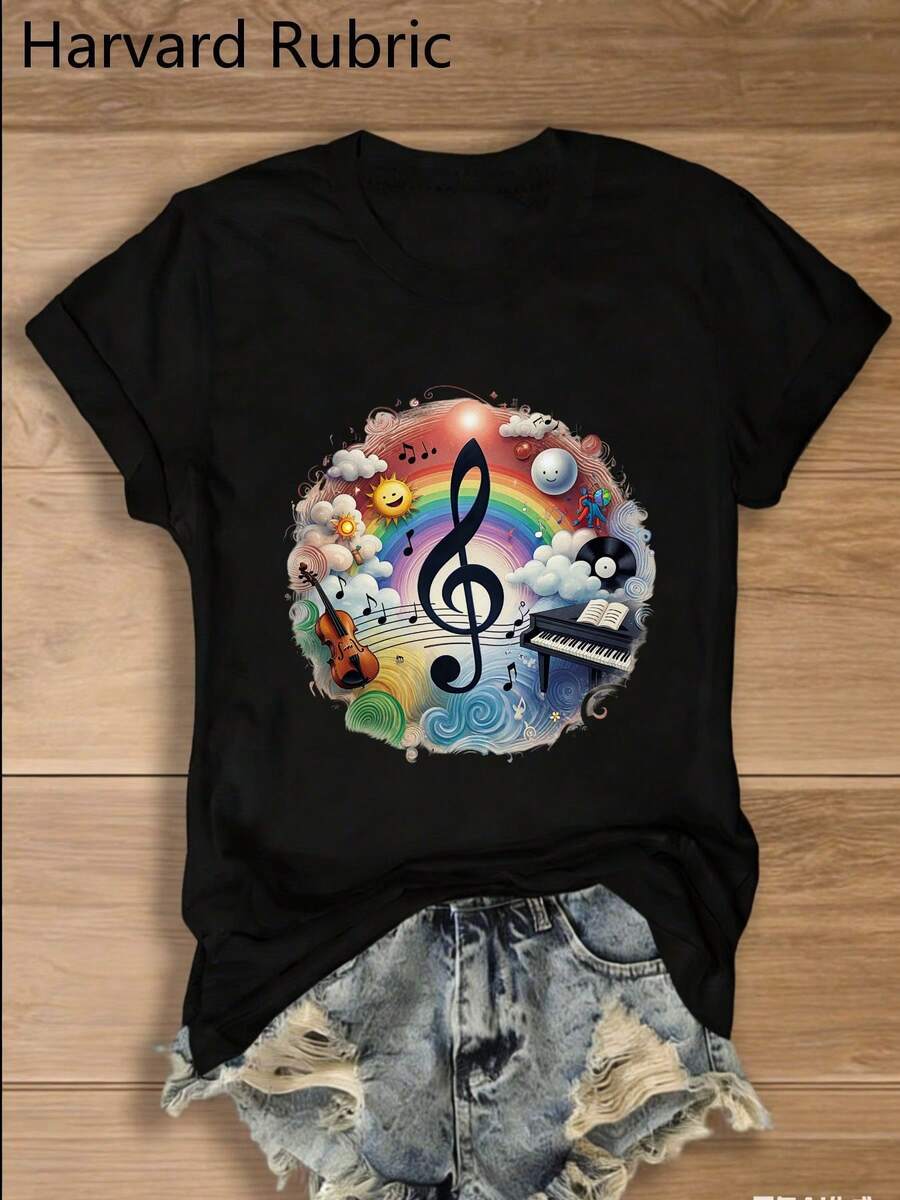 Una camiseta de manga corta para mujer, moderna, a la moda, retro, casual y holgada, adecuada para actividades al aire libre en primavera y verano, ¡camiseta de cuello redondo multicolor de 1 pieza!Regalo retro de moda Y2K, transpirable y de estilo urbano, casual y versátil, un elemento esencial para el verano, adecuada para reuniones familiares - Camiseta negra con llamativos patrones circulares de música fantástica, que incluyen clave de sol, piano, violín, disco de vinilo y nota R.blusas para mujer,blusas casuales para dama,tops,, mujer premium,y2k,playeras de mujer curvy,ofertas y liquidaciones ropa mujer,playeras deportivas para mujer,,playeras de hombre, mujer,blusas>elegante WO1D - Negro - Ver 1