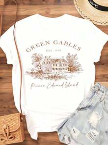 Camiseta Gráfica Vintage de la Casa Green Gables en la Isla del Príncipe Eduardo para Mujer, Top Casual de Verano, Est. 1908, Camiseta Clásica para Viajes y Uso Diario, 220g - Estilo Urbano Vintage, Camiseta Unisex de Algodón Suelto de Manga Corta y Cuello Redondo, 100% Algodón - Blanco - Ver 4