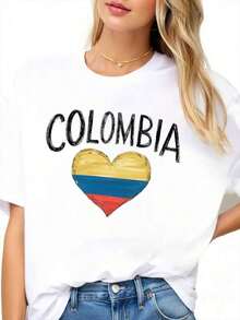 Women's Colombian Flag Graphic T-Shirt, National Pride T-Shirt, Casual Summer Top, Vintage Urban Style, Unisex, Cotton, Short Sleeve, Round Neck, 100% Cotton - 白色 - 查看 3