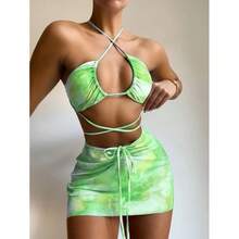 Nuevo bikini sexy de dos piezas multicolor con estampado de mármol, traje de baño de tres piezas. - rayas rojas - Ver 8