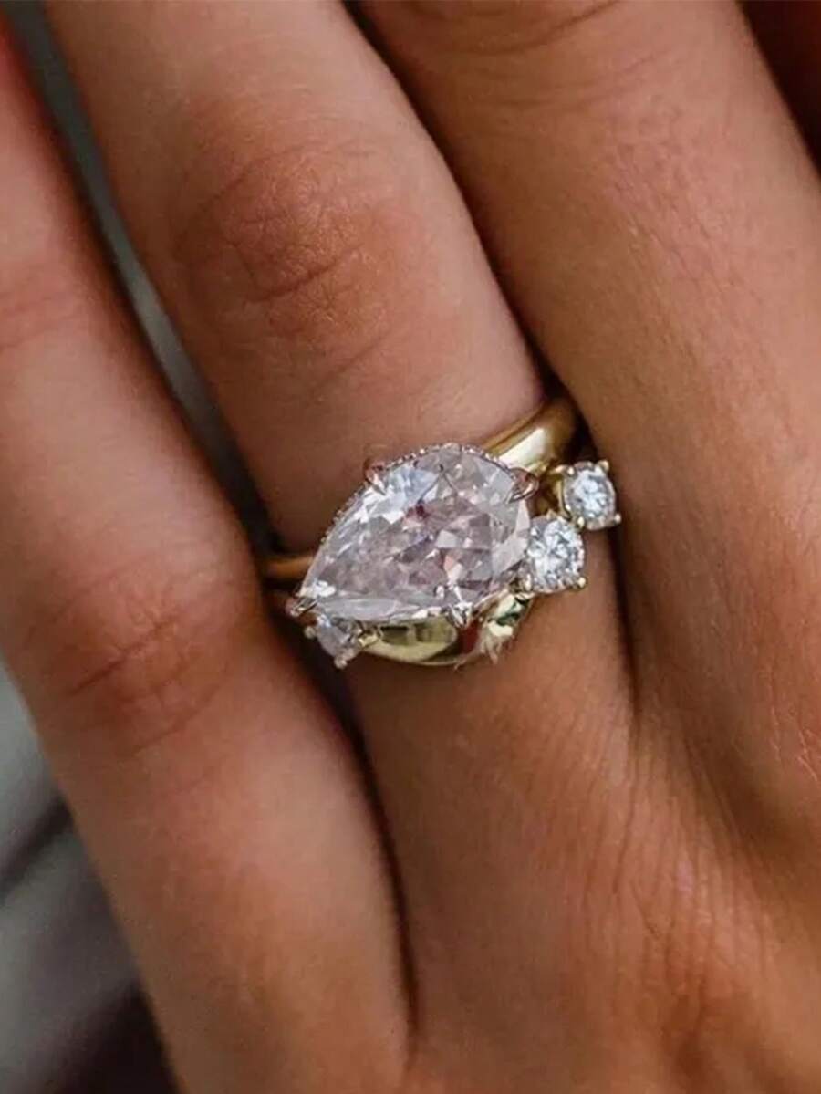 rundraw 2件組幾何水滴形鋯石鑲嵌金銅材質新娘戒指套組,適合訂婚與婚禮佩戴 - 彩色 - 查看 1