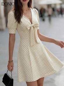 DONICY Women's Mini Dress With V-Neck, Petal Sleeves And A-Line Skirt With Bow Decoration, In Black And White Polka Dot Print, Summer Dress - 灰色 - 查看 4
