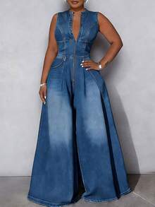 GOLURI Women's Blue Denim Wide-Leg Jumpsuit - Sleeveless Front Zip High Waist Floor-Length Casual Urban Streetwear Outfit - 藍色 - 查看 6